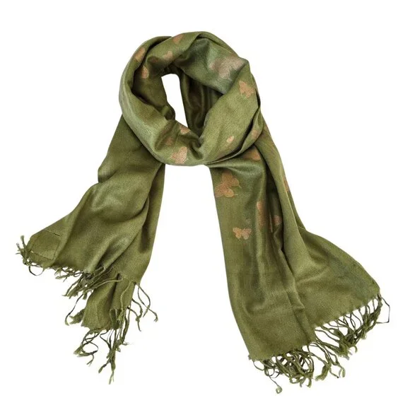Pakistani NIDA AZWER ATELIER Scarf, Stole, Wrap 78 x 28 Green Gold Butterflies - Picture 3 of 12
